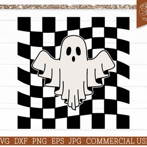 Puede incluir: Un patrón de cuadros blanco y negro con un fantasma blanco en el centro. El fantasma tiene dos ojos y una boca.