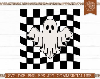 Retro Ghost SVG Check Background Groovy Retro Halloween Cut file for Cricut, Silhouette, Checkered Wavy Ghost Sublimation, Spooky Vibes png