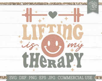 May include: A digital design featuring the text "LIFTING is my THERAPY" in a retro style with a smiley face and dumbbells. The text is in shades of peach, brown, and green.