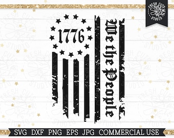 May include: A black and white distressed American flag design with the text "We the People" and "1776" in a vintage font.