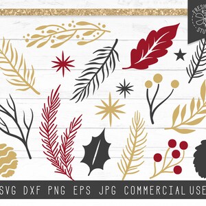 May include: A collection of botanical illustrations in gold, black, and burgundy, including leaves, berries, and pinecones. The image is set against a white wood-grain background with a gold glitter border. Text at the bottom reads "SVG DXF PNG EPS JPG COMMERCIAL USE."
