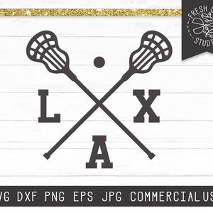May include: Black and white graphic design of two lacrosse sticks crossed over each other with the letters "L", "A", and "X" in a bold font.