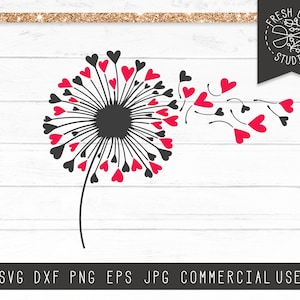Diente de León SVG, San Valentín Svg, Día de San Valentín svg, Valentine Flower Svg, Corazón Diente de León Cut Archivo para Cricut, Silueta, Descarga Instantánea