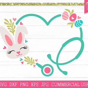 Stéthoscope cardiaque SVG Infirmière de Pâques Svg Cut File Cricut, Silhouette, Lapin de Pâques svg, Chasse aux œufs svg, Stéthoscope Monogramme Cadre svg png dxf