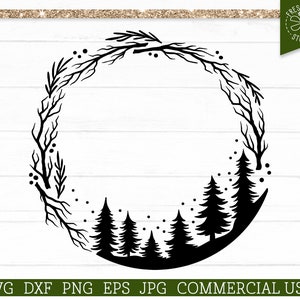 Couronne de pin SVG, Forêt enneigée SVG Bordure de couronne, Cadre monogramme d’hiver, Joyeux Noël, Vacances Png, Cadre d’arbre de Noël rustique svg