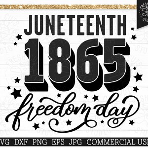 Puede incluir: Diseño gráfico en blanco y negro con el texto "JUNETEENTH 1865 freedom day" rodeado de estrellas.