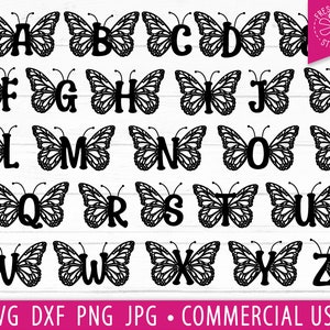 Mariposa letras SVG alfabeto cortar archivos, letras individuales, mariposa monograma alfabeto PNG imágenes, mariposa ala letras, dxf eps jpg