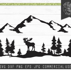 Moose SVG Cut File Instant Download, Foresta svg, Mountain Silhouette Svg, Pine Forest Cutting Files for Cricut, Outdoors, Escursionismo Alberi Png