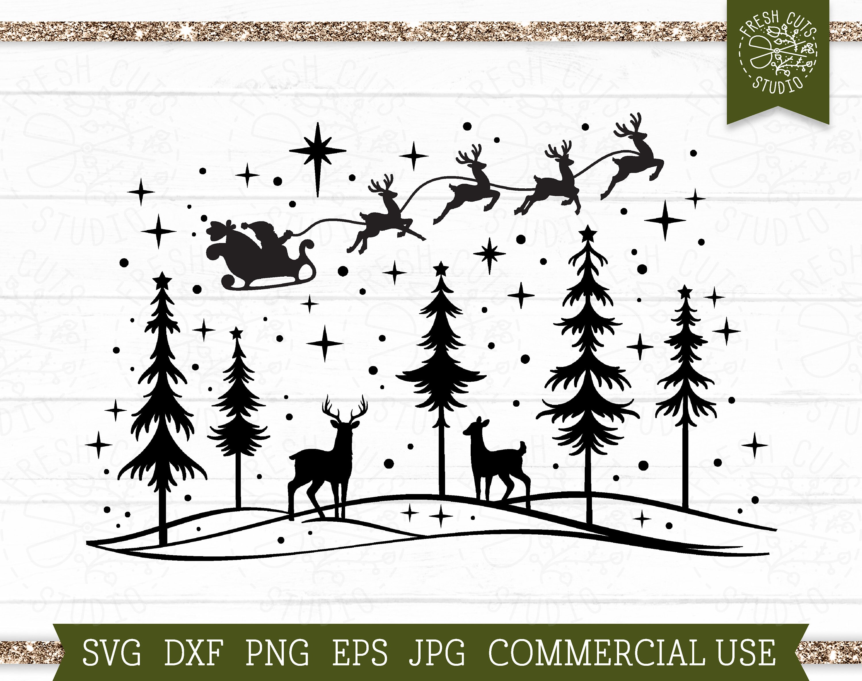 Santa SVG Christmas Deer SVG Cut File for Cricut, Snowy Winter Scene ...