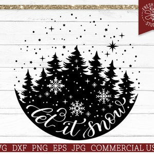 Può includere: Silhouette in bianco e nero di una scena di foresta invernale con fiocchi di neve e il testo "Let it snow".