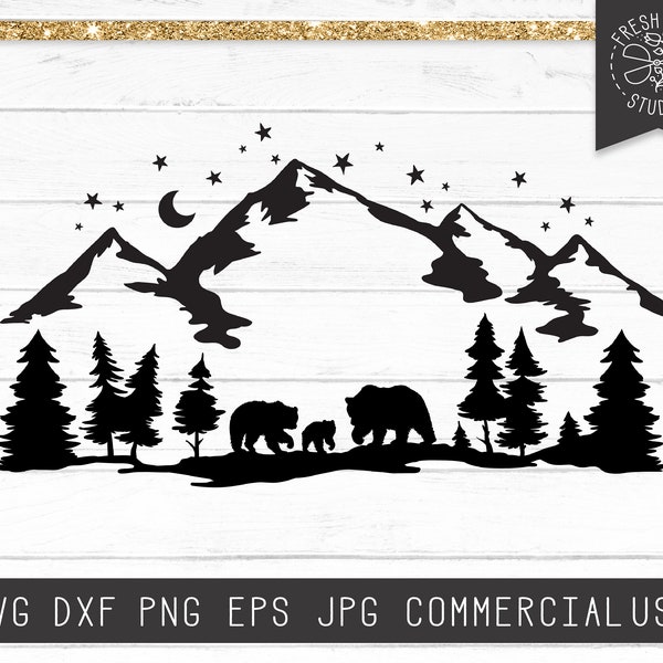 Bear SVG File, Bear Family SVG, Bear Cut File for Cricut, Mountains svg, Bear in Forest, Papa Bear svg, Bear and Cub svg Pine Tree Forest
