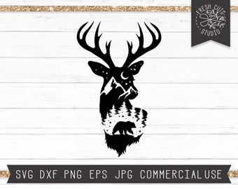 Deer SVG File, Deer Silhouette svg, Woods Svg, Deer Head svg, Mountains svg, Bear svg, Antlers svg, Starry Forest svg Night, Pine Forest svg