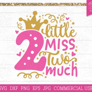 Little Miss Two Much SVG 2nd Birthday Plotterdatei für Cricut, Zwei Jahre alte SVG für Mädchen, Freches Kleinkind svg, Geburtstagsmädchen Sublimation Png