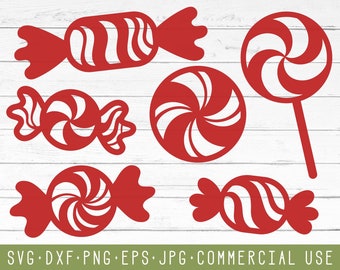 May include: Six red and white candy cane designs, including a lollipop, two wrapped candies, and three unwrapped candies. The designs are perfect for crafting, scrapbooking, or creating festive decorations.