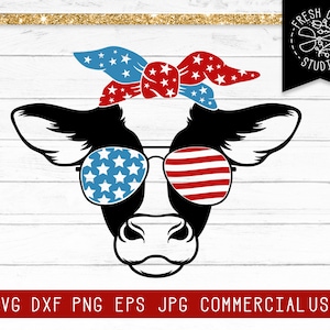 4th of July SVG Cow Face SVG, Cow with Bandana Svg, Cow with Sunglasses, Red White and Blue, 4th of July svg, 4th of July Cow svg dxf png