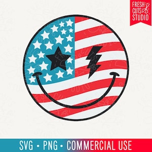 American Smile SVG Retro 4. Juli Cut File, Lightning Bolt Patriotische Sublimation PNG, Amerikanische Flagge Lächeln Gesicht, Sterne und Streifen Gesicht