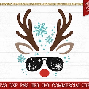 トナカイの顔 SVG クリスマス カット ファイル、クリカット、シルエット、クールなトナカイ、雪の結晶、トナカイ昇華 PNG、赤い鼻、クリスマス ボーイ svg