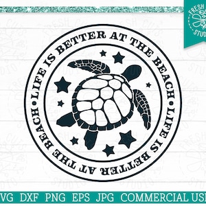 May include: A black and white graphic design of a sea turtle with the text "Life is better at the beach" in a circle around the turtle.