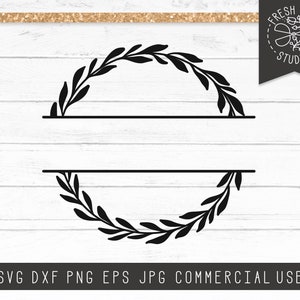 May include: Black floral design with the text "SVG DXF PNG EPS JPG COMMERCIAL USE" on a white wooden background. The design includes two semi-circular leaf arrangements with a horizontal line.