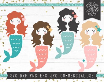 Mermaid SVG Clipart Set for Cricut Silhouette, Mermaids with different hair colors, Cute Mermaid Cut Files Set, Mermaids for Birthday