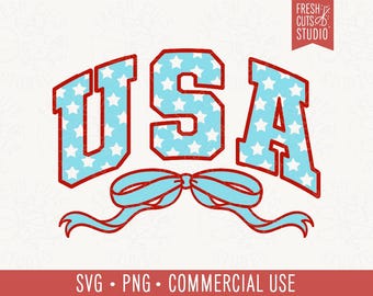 Retro USA svg Schnitt Datei für Cricut, Vintage Kokette 4. Juli Shirt Png, Varsity America Bow SVG, Preppy Fourth of Jul 2020 svg für Mädchen