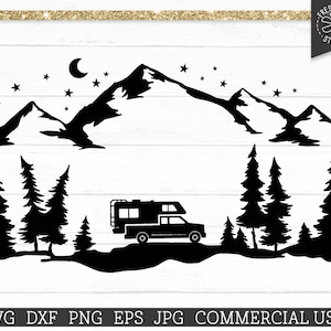 May include: Black silhouette of a mountain scene with a camper, trees, moon, and stars. The image includes the text "Fresh Cuts Studio" and file type options: SVG, DXF, PNG, EPS, JPG, and "Commercial Use."