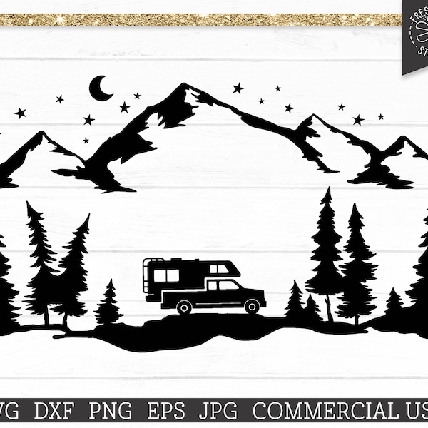 Pickup Truck Camper SVG Mountain Forest Svg Cut File for Cricut, Pine Tree Camping in the Woods Silhouette, RV svg Trailer, Commercial Use