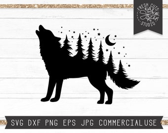 Wolf SVG Silhouette, Wolf Forest svg, Howling Wolf, Wolf Howling at Moon, Wolf with Trees, Pine Forest svg, Wild Animal svg, Wilderness svg