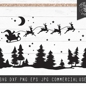 Noite de Natal SVG, Santa Sleigh SVG, Silhueta de Renas, Starry Night Forest Svg, Pine Trees Svg, Santa Silhouette, Merry, Arquivo de Corte