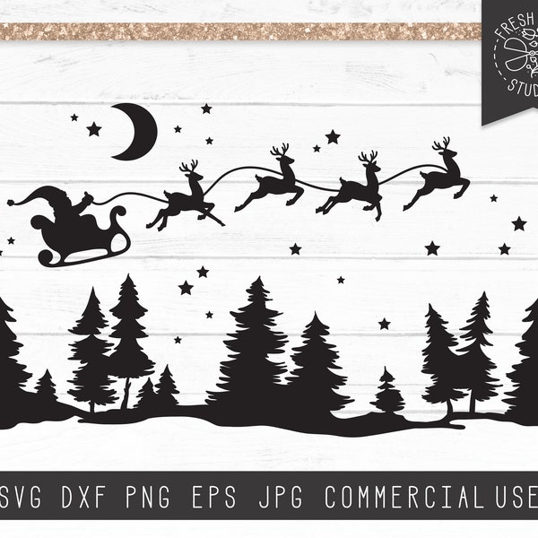 Nuit de Noël SVG, Santa Sleigh SVG, Silhouette de renne, Forêt de nuit étoilée Svg, Pins Svg, Silhouette du Père Noël, Merry, Fichier coupé