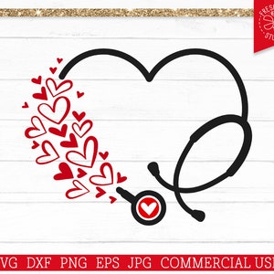 May include: A black and white illustration of a stethoscope in the shape of a heart with red hearts coming out of the end of the stethoscope.