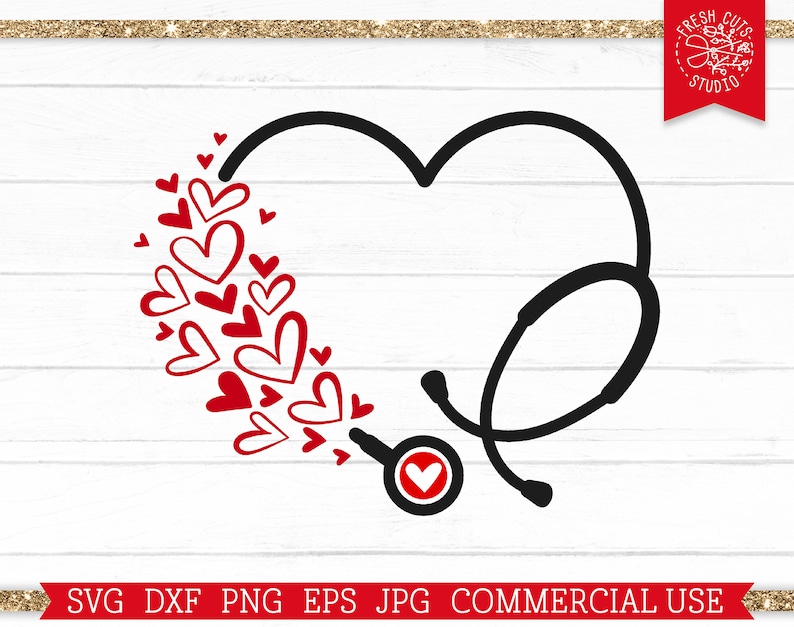 May include: A black and white illustration of a stethoscope in the shape of a heart with red hearts coming out of the end of the stethoscope.