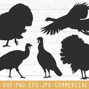 Turkey Silhouettes SVG Cut Files, Descarga instantánea, Día de Acción de Gracias Svg, Turquía Hunting Season Svg Clipart, Clip Art Turkeys, Dxf Png Vector