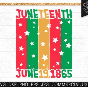 Könnte beinhalten: Ein digitales Design mit den Worten "JUNETEENTH" und "JUNE 19, 1865" in einer fetten, abgenutzten Schriftart. Das Design besteht aus drei vertikalen Streifen in Rot, Grün und Gelb, die jeweils mit weißen Sternen verziert sind.