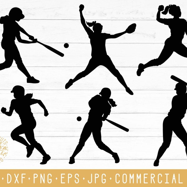 Softball Girl SVG Silhouettes, SVG Cut Files, Softball Player, Batter, Pitcher, Cameo, Cricut Cutting Files, Softball Clipart Images PNG Dxf