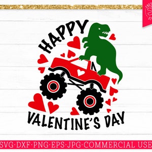 Happy Valentine es Day SVG Monster Truck Cut File für Cricut, Dinosaurier Valentinstag svg für Jungen Mädchen, Truck with T rex, Herzen, Herz Breaker