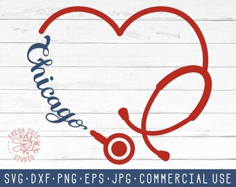 Chicago Heart Stethoscope SVG Nurse Design Instant Download Cut Files for Cricut Silhouette Cameo, Dxf Png Commercial Use Clipart
