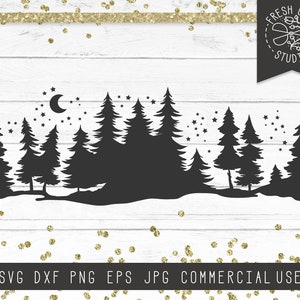 May include: Silhouette of a forest with a crescent moon and stars in the night sky. The trees are black against a white background.