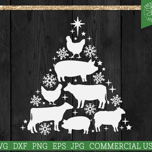 Farm Christmas SVG Cut File, Farmhouse Sign Christmas Tree, Farm Animals Tree, Pig Cow Chicken Sheep, Snowy, Commercial Use svg png dxf