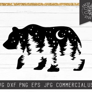 Bear SVG File, Bear Silhouette svg, Bear Woods Svg, Pine Trees svg Forest, Adventure svg, Moon Stars, Outdoors svg, Bear Wildlife svg dxf