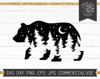 Bear SVG File, Bear Silhouette svg, Bear Woods Svg, Pine Trees svg Forest, Adventure svg, Moon Stars, Outdoors svg, Bear Wildlife svg dxf