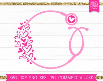 Heart Stethoscope SVG Valentines Day svg for Nurse Cut File Cricut, Silhouette, Hand Drawn Heart svg, Circle Stethoscope Monogram Frame png