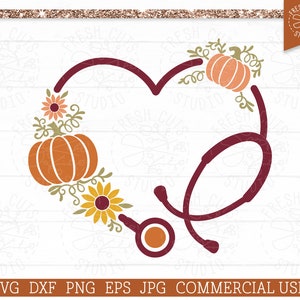 Stéthoscope de citrouille d’automne SVG Cut File pour Cricut, Stéthoscope de cœur SVG pour infirmière, Cadre de monogramme d’automne confortable, Conceptions d’infirmière, png eps dxf