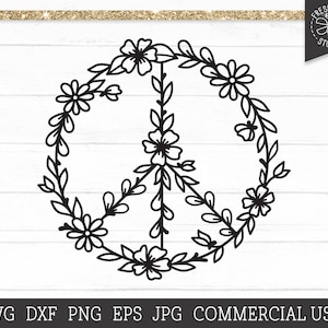 Signe de paix floral SVG, Hippie Boho Wildflower Cut File for Cricut and Silhouette, Flower Child SVG, png dxf eps jpg, Utilisation commerciale SVG
