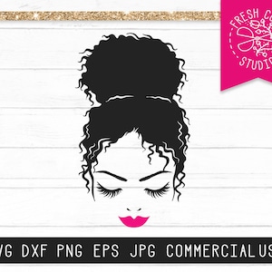 Afro Bun SVG Face Cut File dla Cricut, Rzęsy i Usta SVG, Messy Bun SVG, Kręcone Włosy SVG Bun, Ładna Dziewczyna SVG, Czerwone Usta SVG, Fryzura