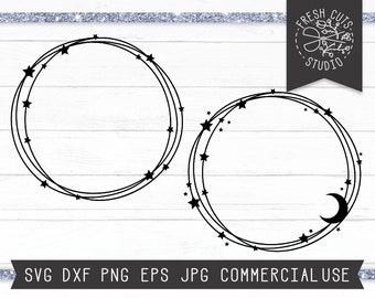 Star Wreath SVG Instant Download, Elegante Wreath Monogram Frame SVG Twine Wreath Circle svg Cut File for Cricut, Moon Wreath Frame svg dxf