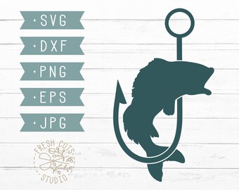 Fichier de coupe SVG de pêche, téléchargement instantané, Bass Fishing Logo, Angling svg, Fishing Cut File, Fish and Hook Silhouette, Largemouth Smallmouth