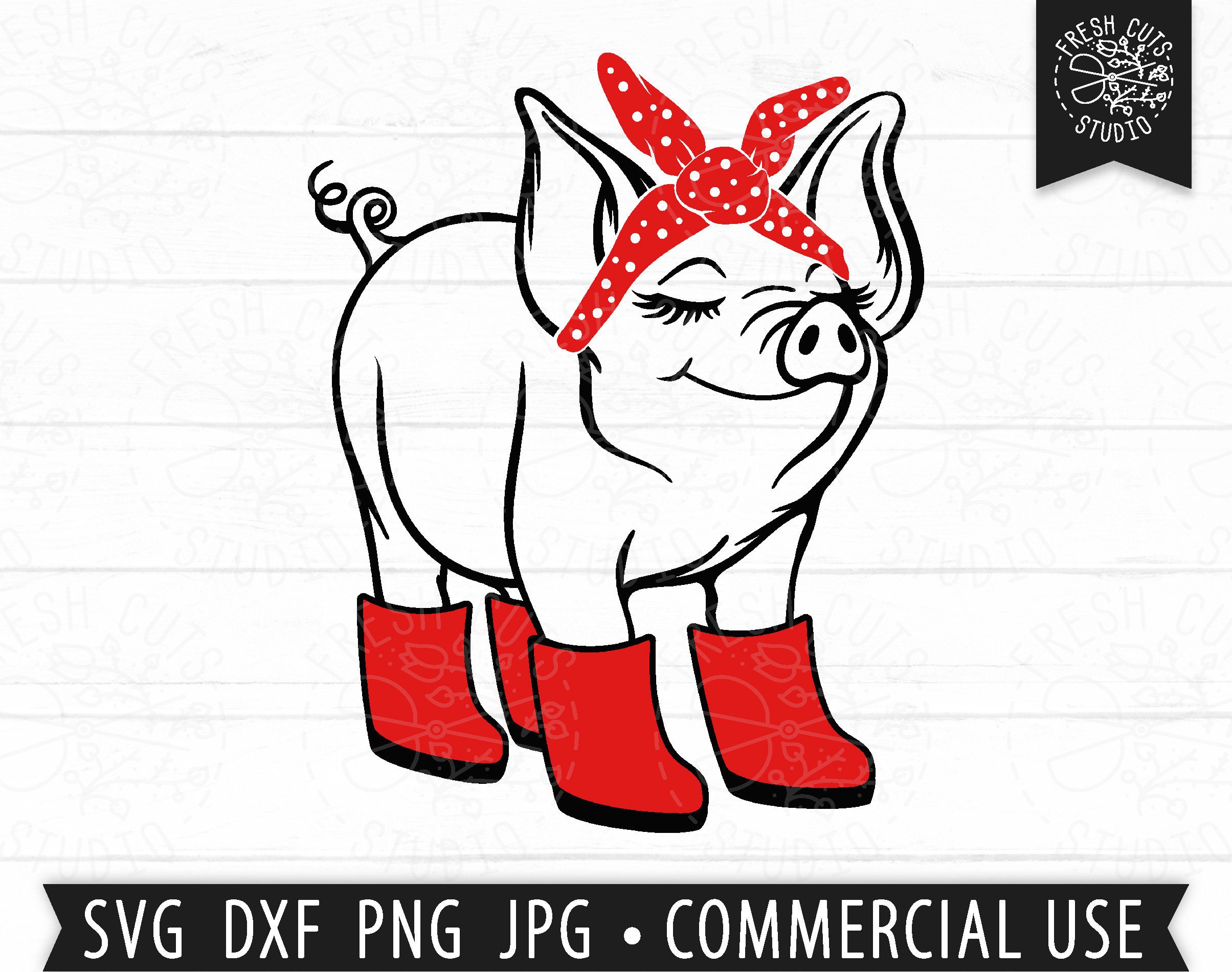 Pig with Rainboots SVG, Piggy PNG Clipart, Piglet Image, Cute Farm Pig with Bandana, Red Boots svg, Red Bandana, Commercial Use Cut File