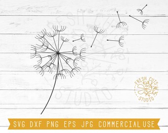 May include: A black and white dandelion illustration with seeds blowing away. The image includes the text "SVG DXF PNG EPS JPG COMMERCIAL USE" in a gold banner, and a logo for Fresh Cuts Studio.