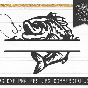 Angeln Split Frame SVG geschnitten Datei für Cricut, Angeln SVG, Name Rahmen Svg, Angeln Monogramm, Fisch und Haken Svg, Fisch Monogramm Rahmen Dxf Png